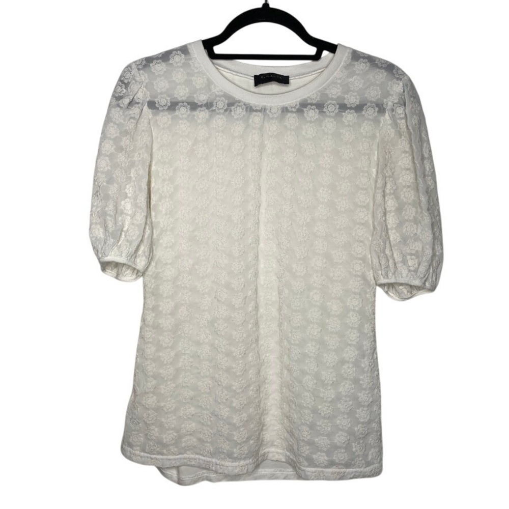 Gracia Top Small White Floral Lace Puff Sleeve Textured Crew Neck Blouse